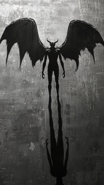 Photo a shadowy presence a demons silhouette with wings spread wide casting an eerie long shadow against a rough textured wall