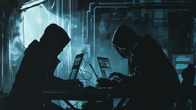 Photo shadowy silhouettes of cybercriminals at work representing hackers and troll farms with a dark omino