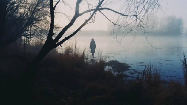 Photo shadowy stillness captivating uhd image of fog on a lake