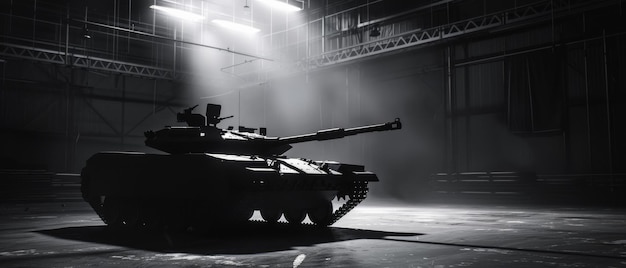 A shadowy tank highlighted by dramatic lighting creates a sense of foreboding in an industrial warehouse setting