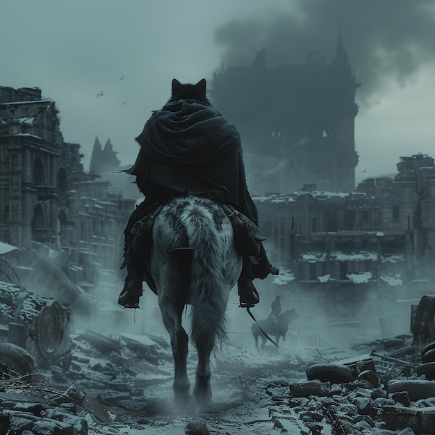 A shadowy wolf navigates through desolate urban ruins closely followed by a determined hunter on horseback