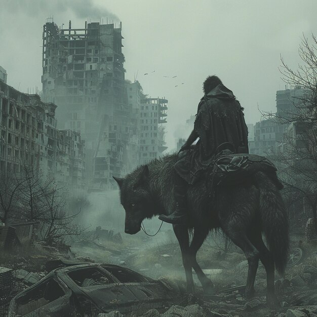 A shadowy wolf navigates through desolate urban ruins closely followed by a determined hunter