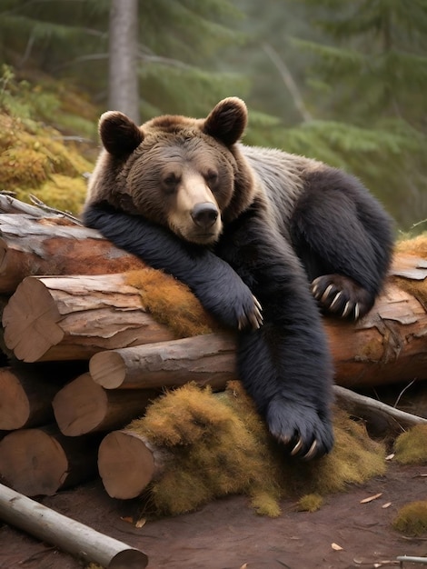 Shaggy Brown Black Bear Sleeping on a Log Pile