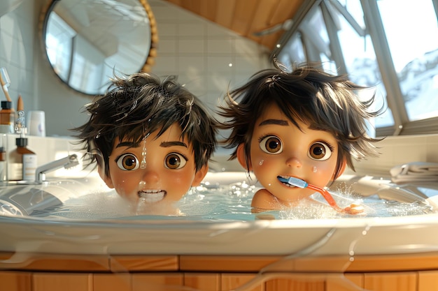 shaggyhaired boy and girl brushing their teeth together