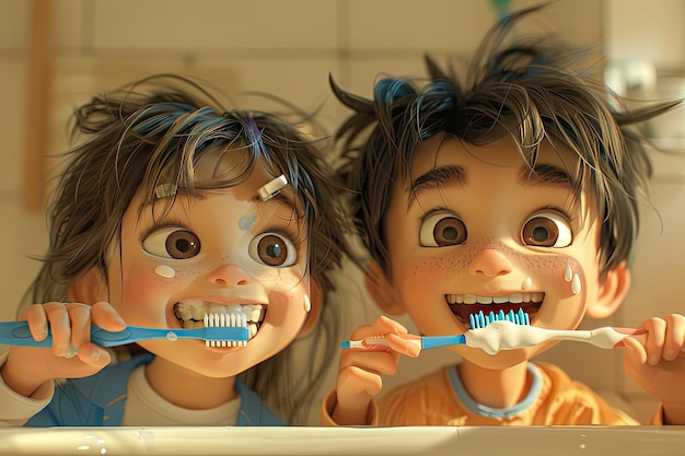 shaggyhaired boy and girl brushing their teeth together