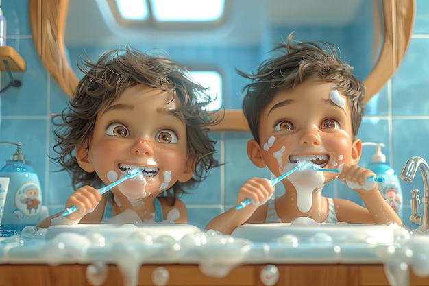 shaggyhaired boy and girl brushing their teeth together