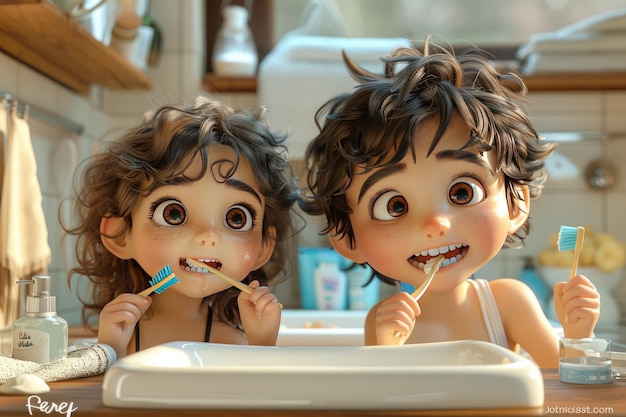 shaggyhaired boy and girl brushing their teeth together