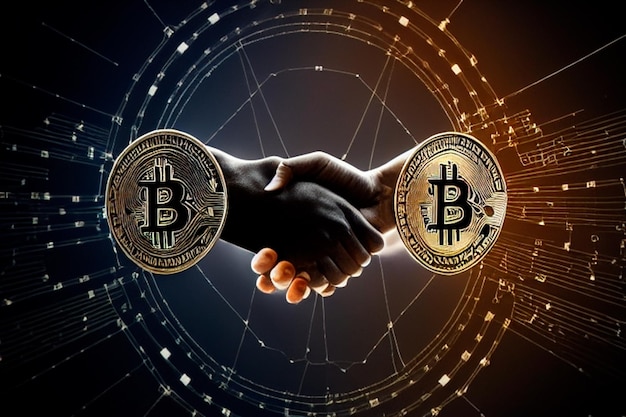 Shaking hands at the conclusion of a business deal Cryptocurrency blockchain bitcoin mining financial transactions high resolution art Generative AI