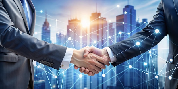 Shaking hands of partners for business on economic growth graph chart and global network connection of business Business meeting and successful team