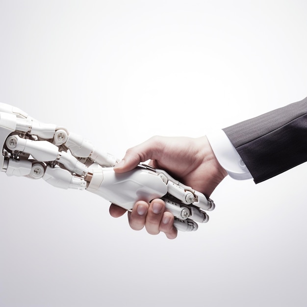 Photo shaking hands robotic hand and normal hand