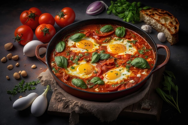 Shakshouka dish of eggs poached in a sauce of tomatoes AI generation