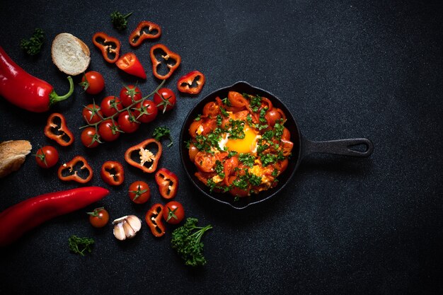 Shakshouka eggs poached in a sauce of vegetables