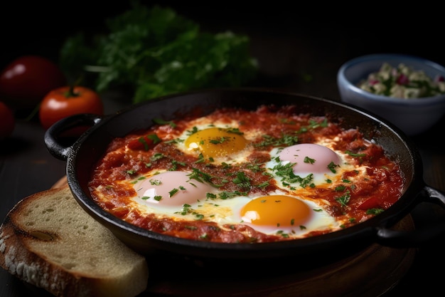 Shakshuka Breakfast Healthy Vegetable Shakshouka with Eggs Traditional Israel Shakshuka on Dark Background Abstract Generative AI Illustration