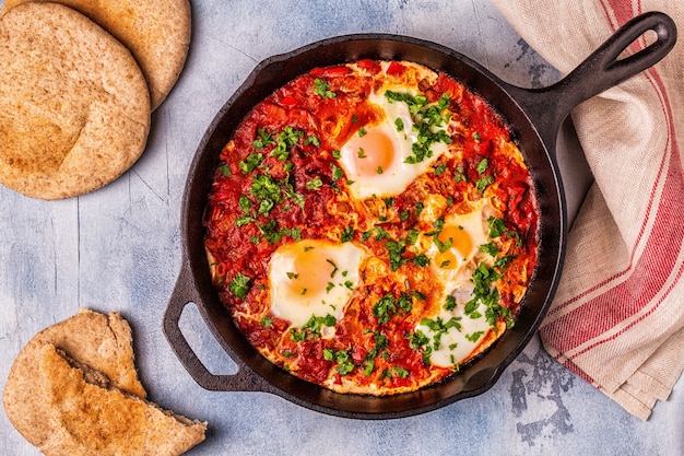 Shakshuka in a Frying Pan. Eggs Poached in Spicy Tomato Pepper Sauce.