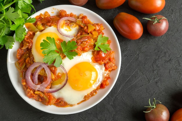 Shakshuka, a traditional Israeli dish. Sunny side up egg with stewed tomatoes.