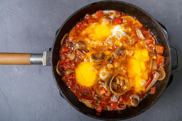 Shakshuka with mushrooms in a frying pan on a gray background