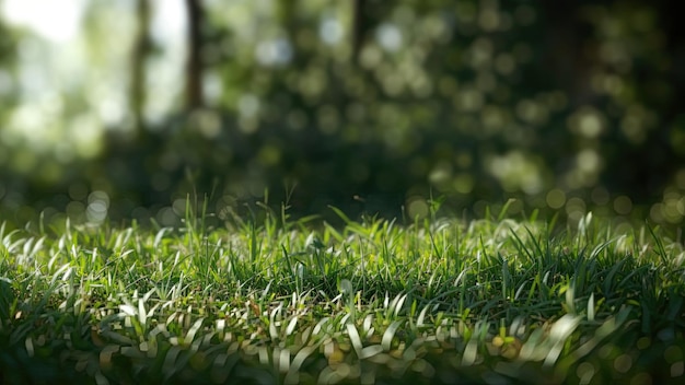 A shallow depth of field photograph of a grassy area with bokeh in the background