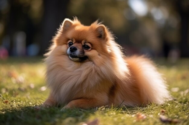 Photo shallow focus of a cute fluffy pomeranian spitz dog posing in the park on the grass