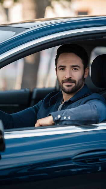 Shallow focus shot of a handsome spanish caucasian man sitting behind the wheel of a modern car