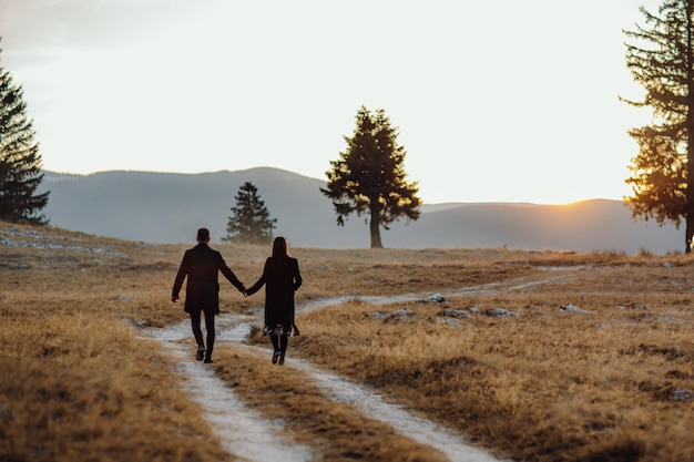 Shallow focus shot of a young couple walking through the field at the beautiful sunset