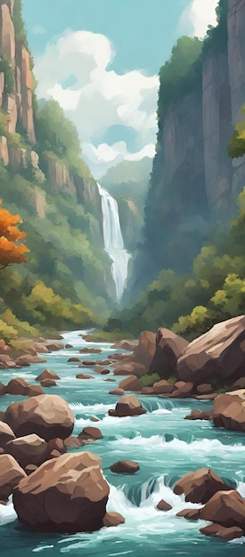 Shallow river flows between large rock cliffs in the middle of the forest in watercolor Art Style