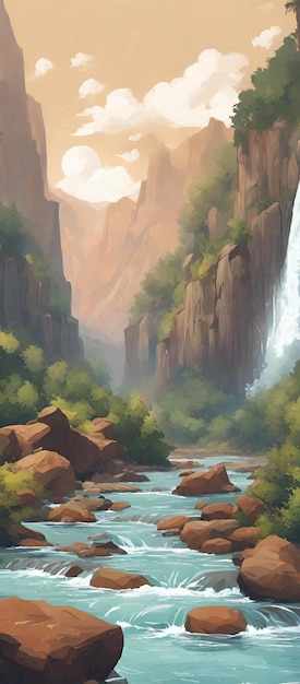 Shallow river flows between large rock cliffs in the middle of the forest in watercolor Art Style