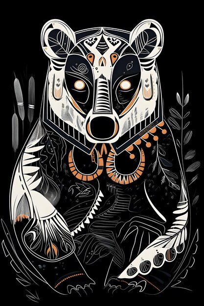 shaman bear 1950 illustration vector art black background