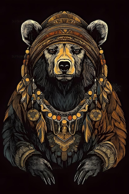 shaman bear 1950 illustration vector art black background