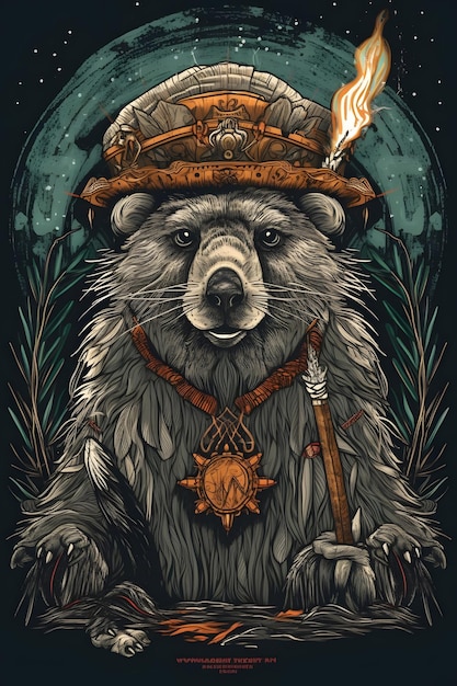 shaman beaver 1950 illustration vector art black background