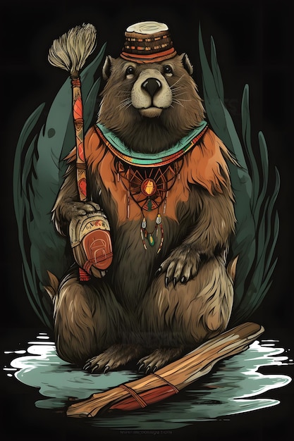 shaman beaver 1950 illustration vector art black background