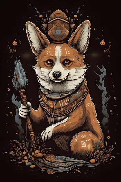 shaman corgi 1950 illustration vector art black background