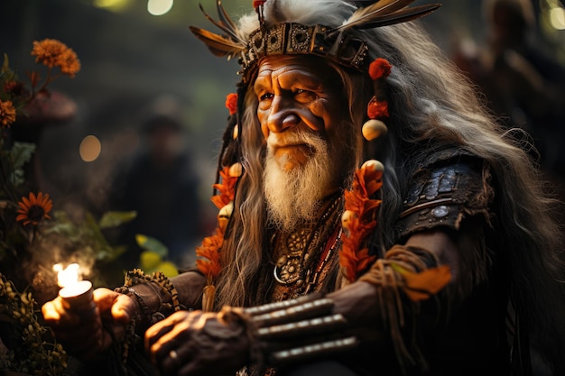 Shaman leads healing ritual with herbs and corners in the fire of the fire generative IA