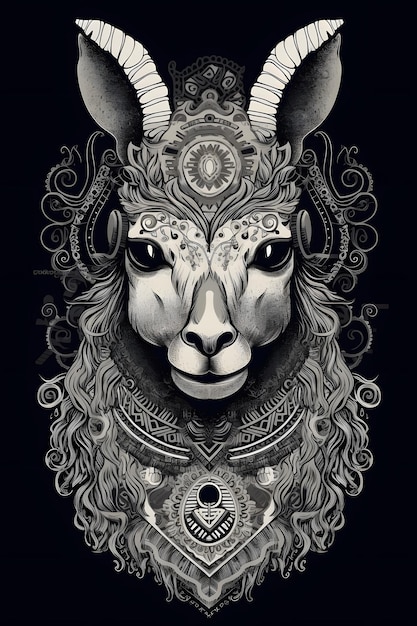 shaman llama 1950 illustration vector art black background