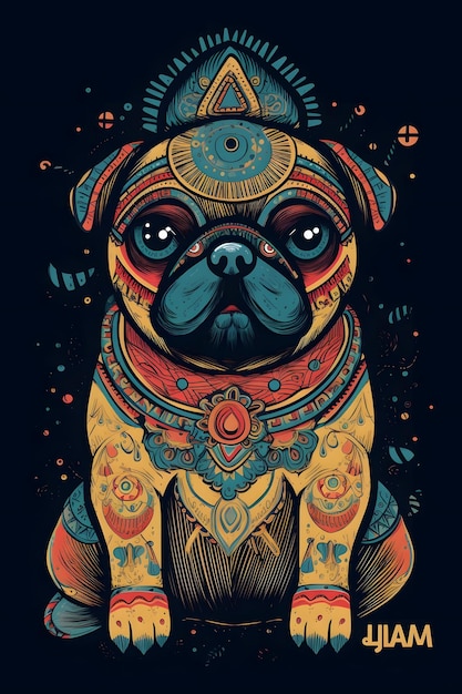 shaman pug 1950 illustration vector art black background