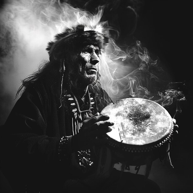 Photo shaman tambourine bonfire black and white image