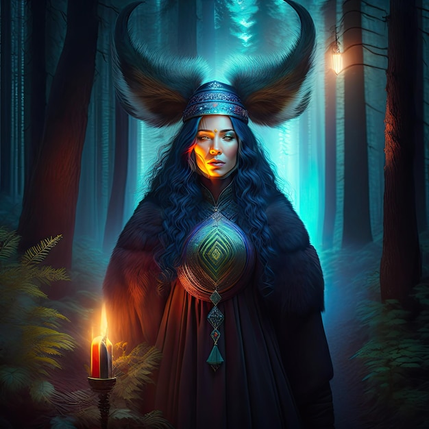 Shaman woman witch evoking spirits in a mysterious night forest