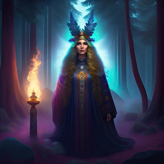 Shaman woman witch evoking spirits in a mysterious night forest