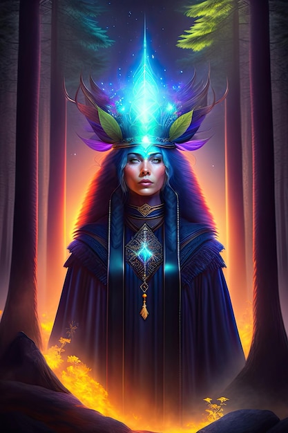 Shaman woman witch evoking spirits in a mysterious night forest