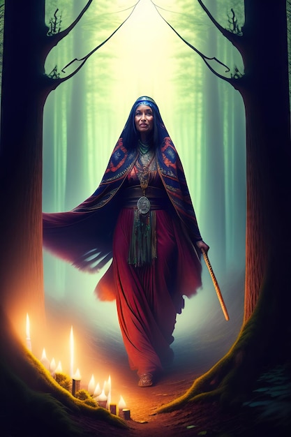 Shaman woman witch evoking spirits in a mysterious night forest