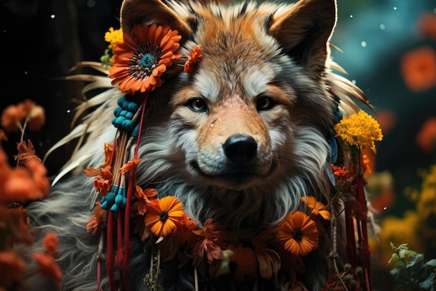 Shamanic Meeting Wolf Condor and Flowers in Harmony generative IA