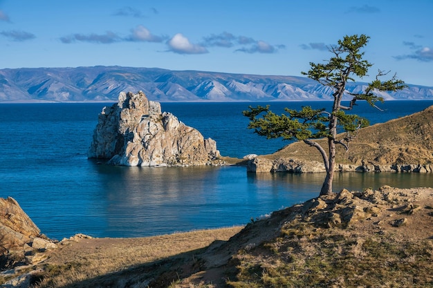 Shamanka Rock on lake Baikal near Khuzhir village at Olkhon island in September