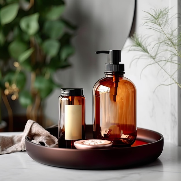 Shampoo bottle styled mockup liquid soap pump bottle in home bathroom interior body wash and care co