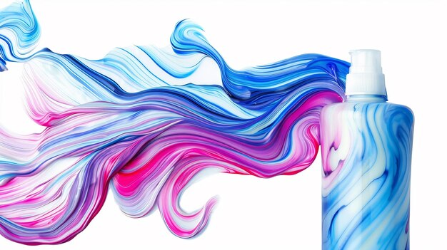 Photo shampoo bottle with a colorful abstract paint swirl on a white background