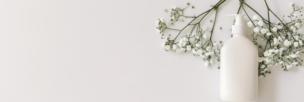 Photo shampoo bottle with a delicate floral wreath on a white background