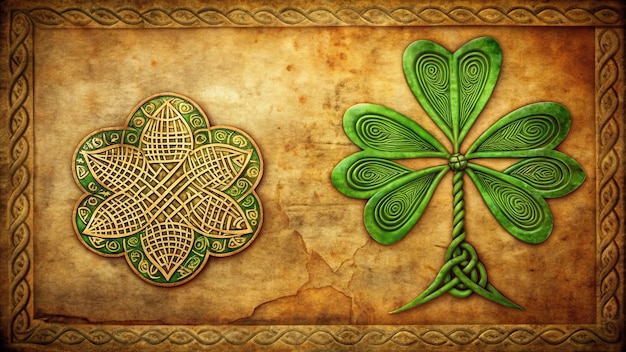 Photo shamrock and ancient manuscript reflecting celtic elegance