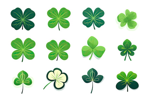 Shamrock Icon Set Trefoil Isolated St Patrick Day Symbol Luck Plant Fortune Shamrock on White