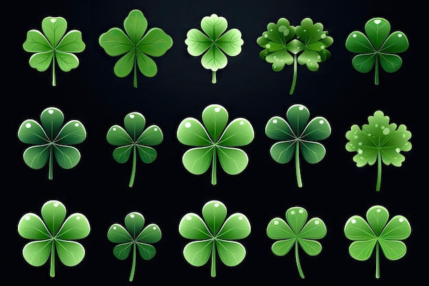 Shamrock Icon Set Trefoil Isolated St Patrick Day Symbol Luck Plant Fortune Shamrocks Collection