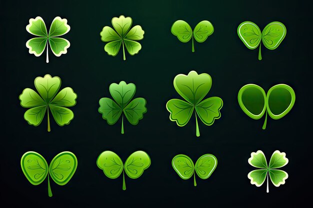 Shamrock Icon Set Trefoil Isolated St Patrick Day Symbol Luck Plant Fortune Shamrocks Collection