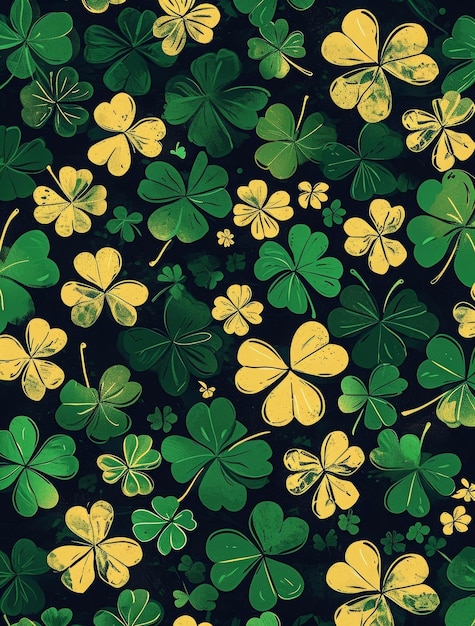 Shamrocks Pattern with Cartoonish Design on Black Background