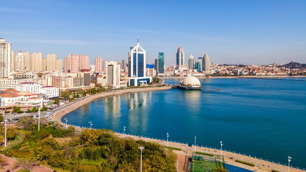 Shandong Qingdao city coastline aerial photography